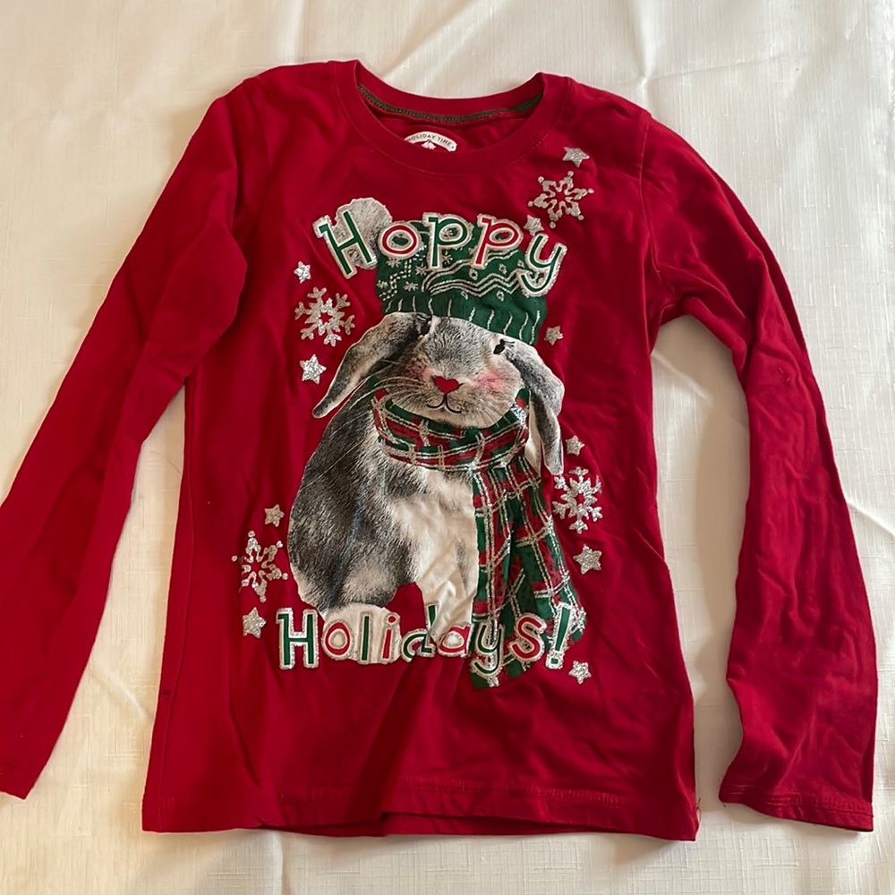 Girls Hoppy Holidays Christmas Bunny Rabbit Long Sleeve Shirt Size 6-6x